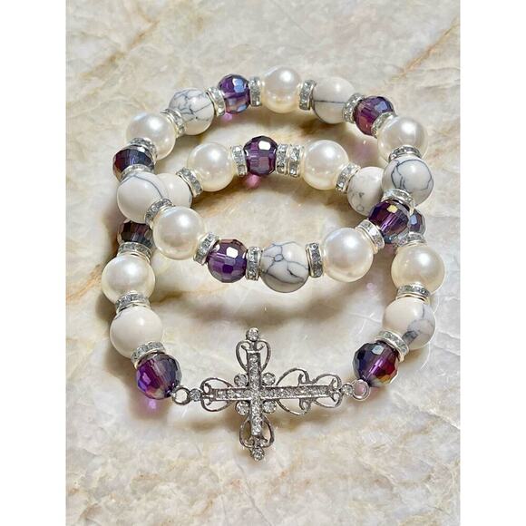 Crystal Cross Pearl Howlite Crystal Bracelet Set - Picture 7 of 12